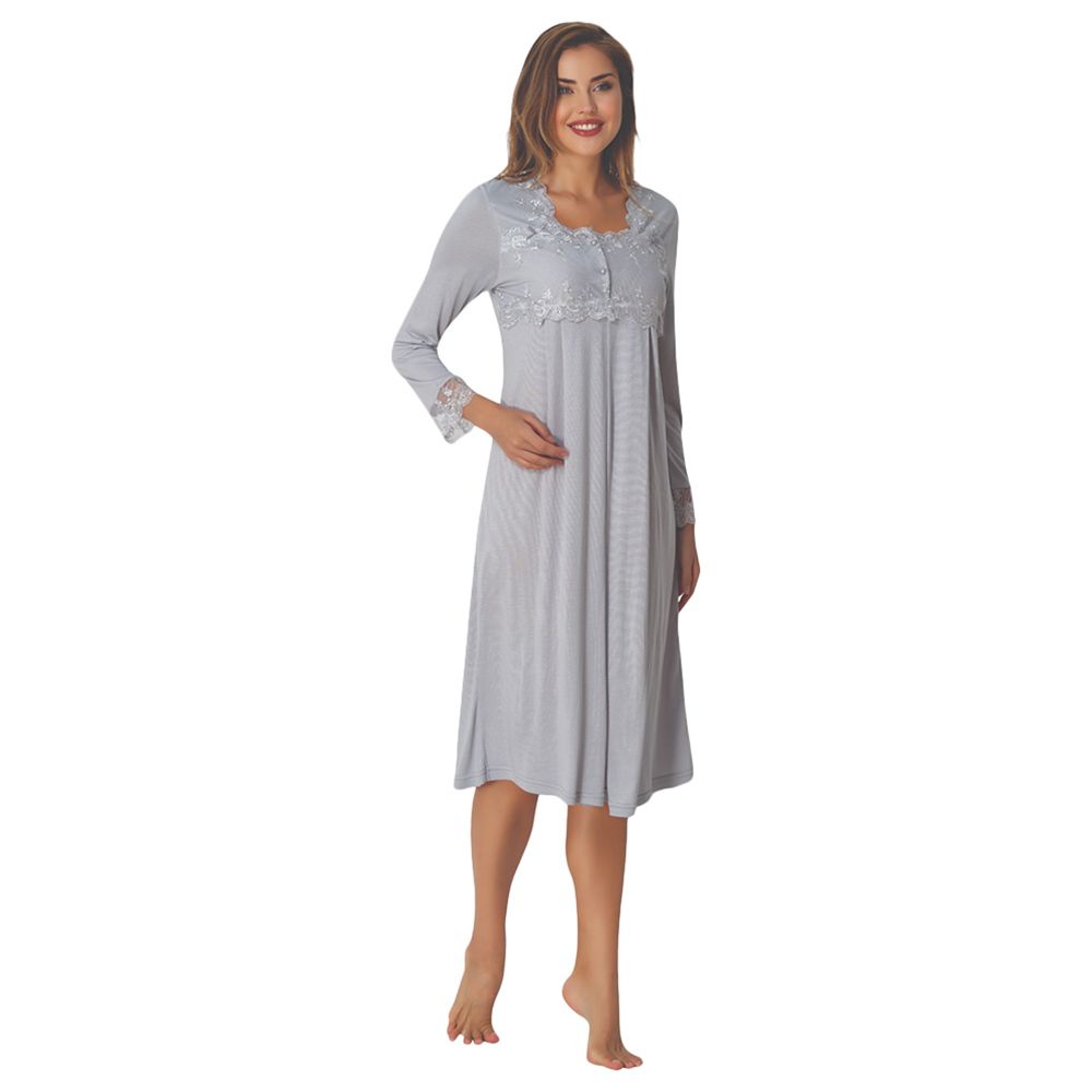 Mini Plum - Maternity/Breastfeeding Nightie W/ Lace Sleeves - Grey