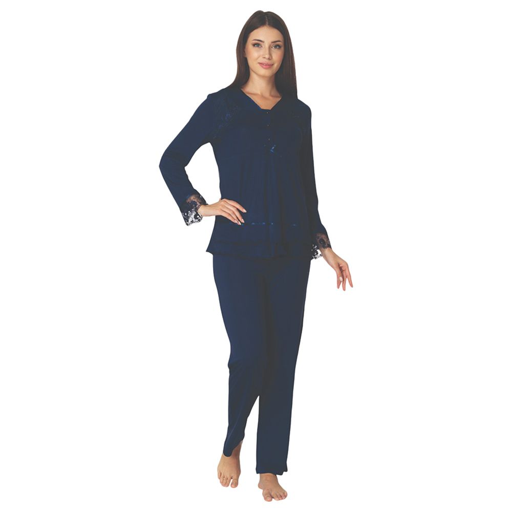 Mini Plum - Maternity Pjyamas W/ Lace Sleeves - Navy