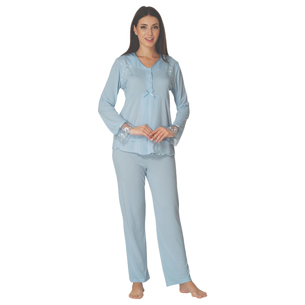 Mini Plum - Cotton Maternity Pjyamas W/ Lace Details - Blue