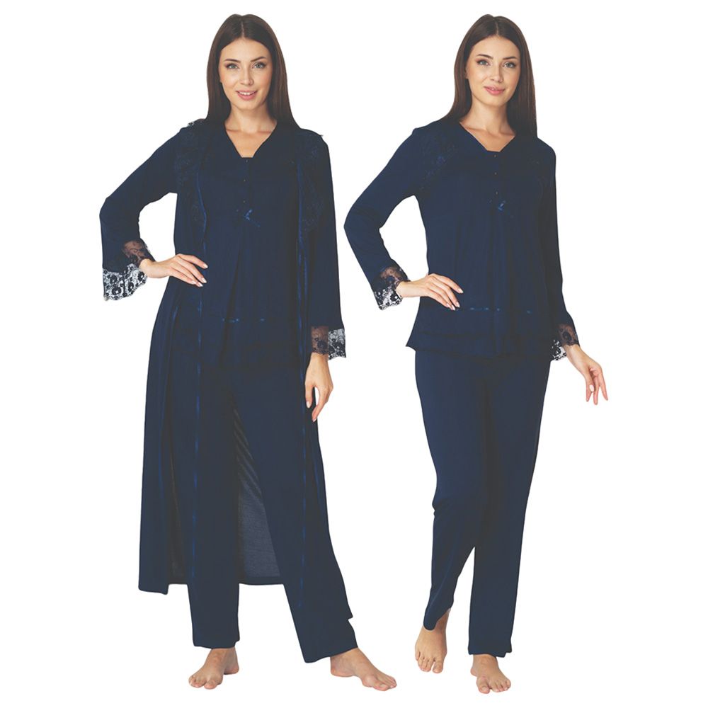 Mini Plum - 3pc-Set - Lace Sleeves Maternity Pjyamas - Navy