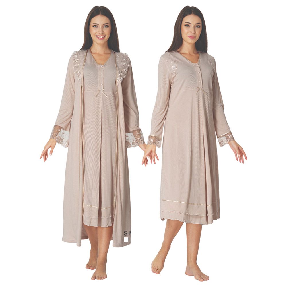 Mini Plum - 2pc-Set - Maternity Nightwear W/ Lace Details - Beige