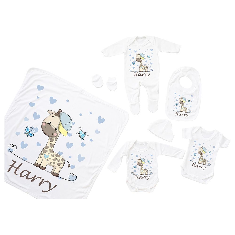 Mini Plum - 7pc-Set - Personalised Baby Giraffe Outfit - White