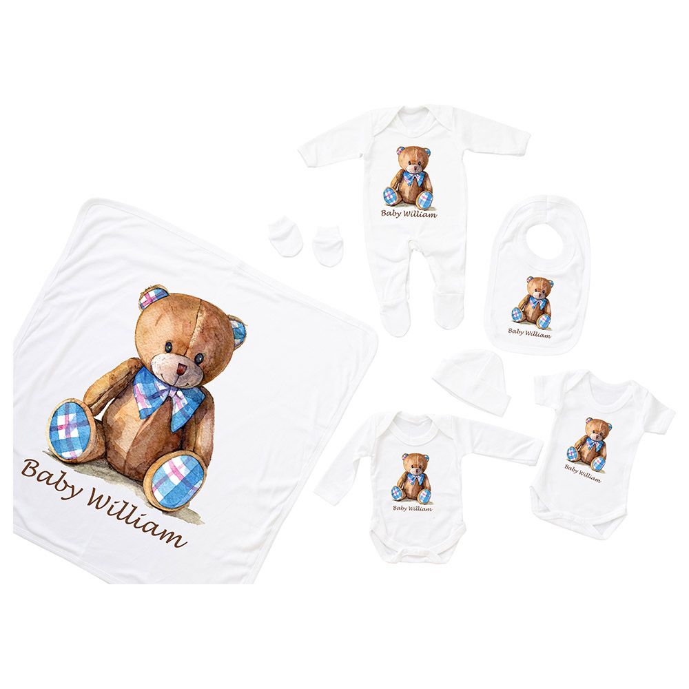 Mini Plum - 7pc-Set - Personalised Teddy Outfit - White