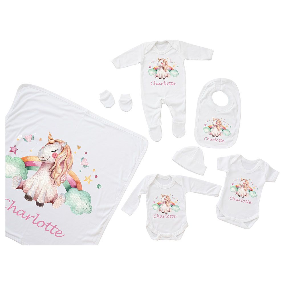 Mini Plum - 7pc-Set - Personalised Unicorn Outfit - White