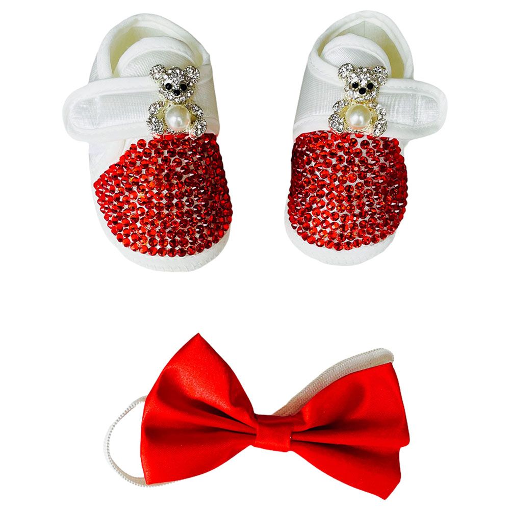 Mini Plum - Personalised Teddy Baby Shoes & Bow Tie - Red