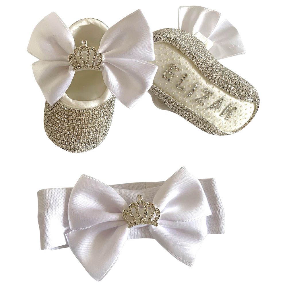 Mini Plum - Personalised Baby Shoes & Headband - White/Gold