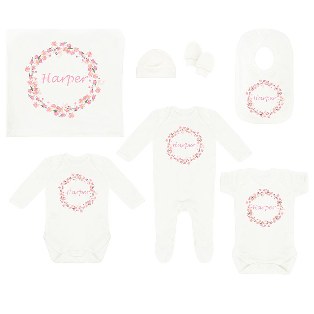 Mini Plum - Personalised Pink Flowers Baby Set 7pcs