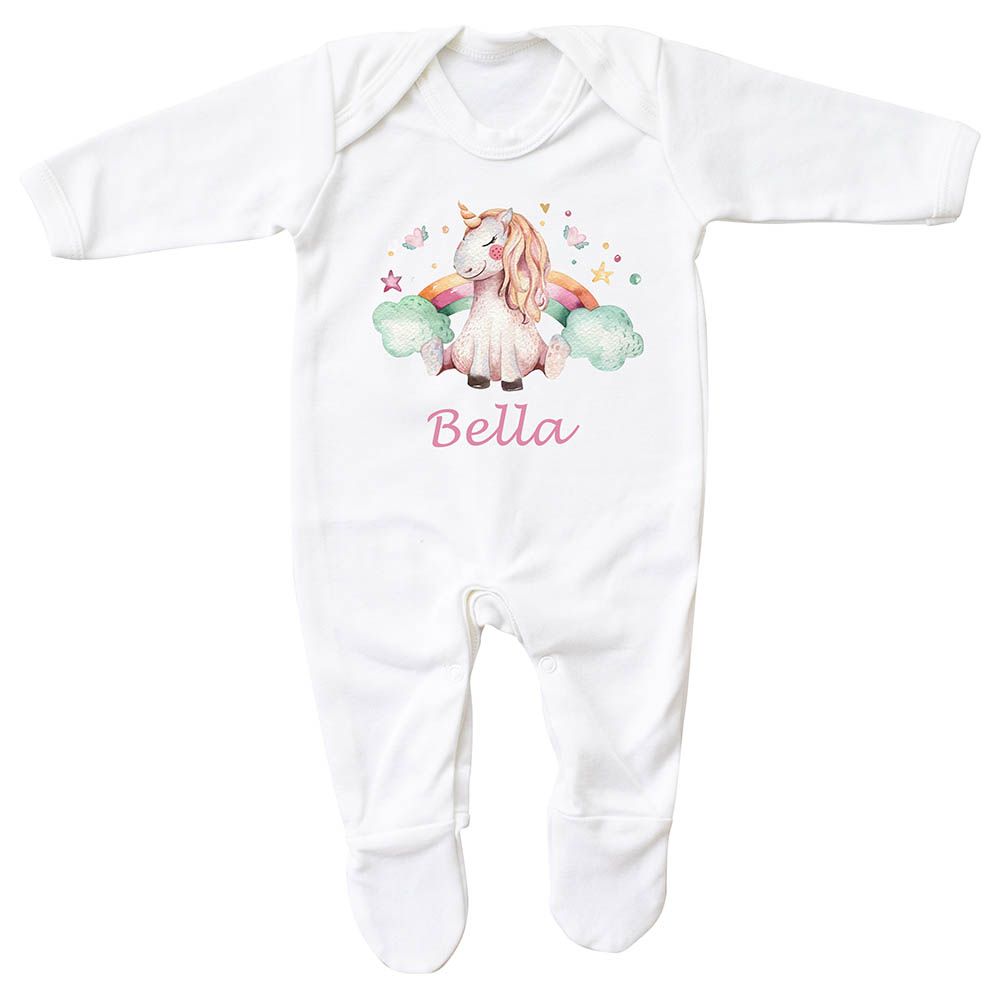 Mini Plum - Personalised Hairy Unicorn Baby Grow - White