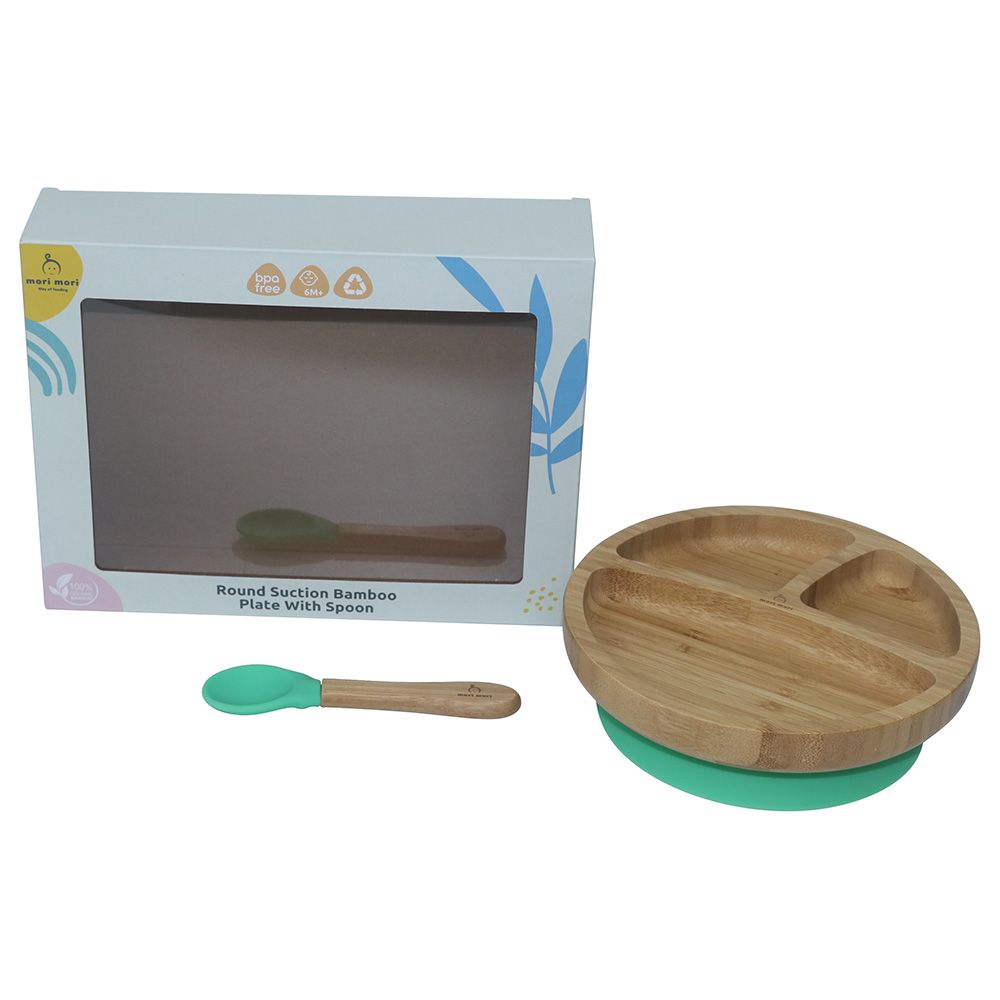 Mori Mori - Round Plate w/ Spoon & Silicone Suction - Green 