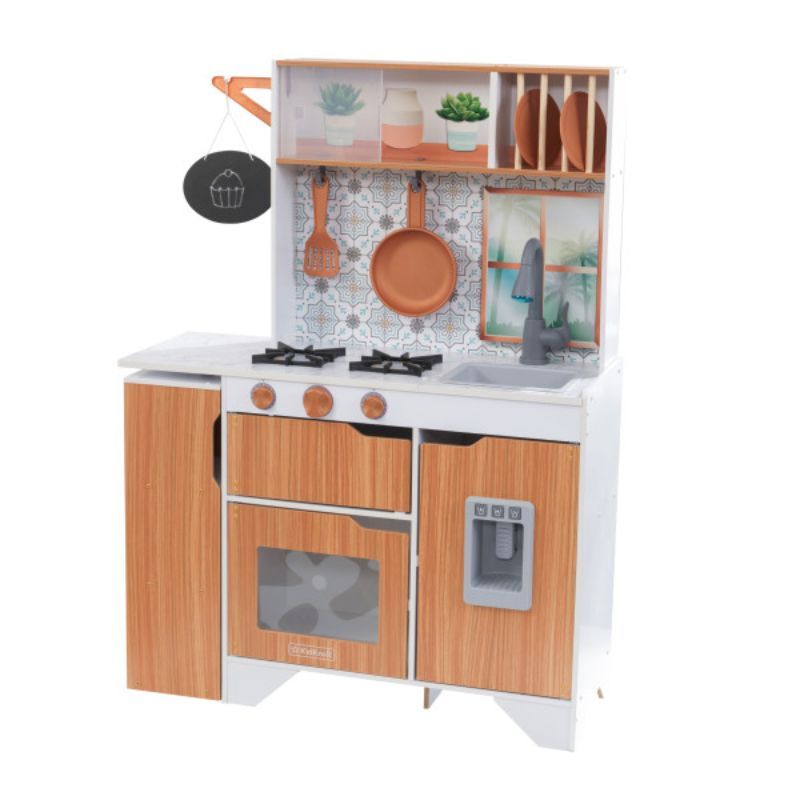Janod - Mozaïc Big Cooker - Play Kitchen for Children - Children's Kitchen  with Sound and Light - Wooden Kitchen with 3 Accessories + 3 Food Boxes 