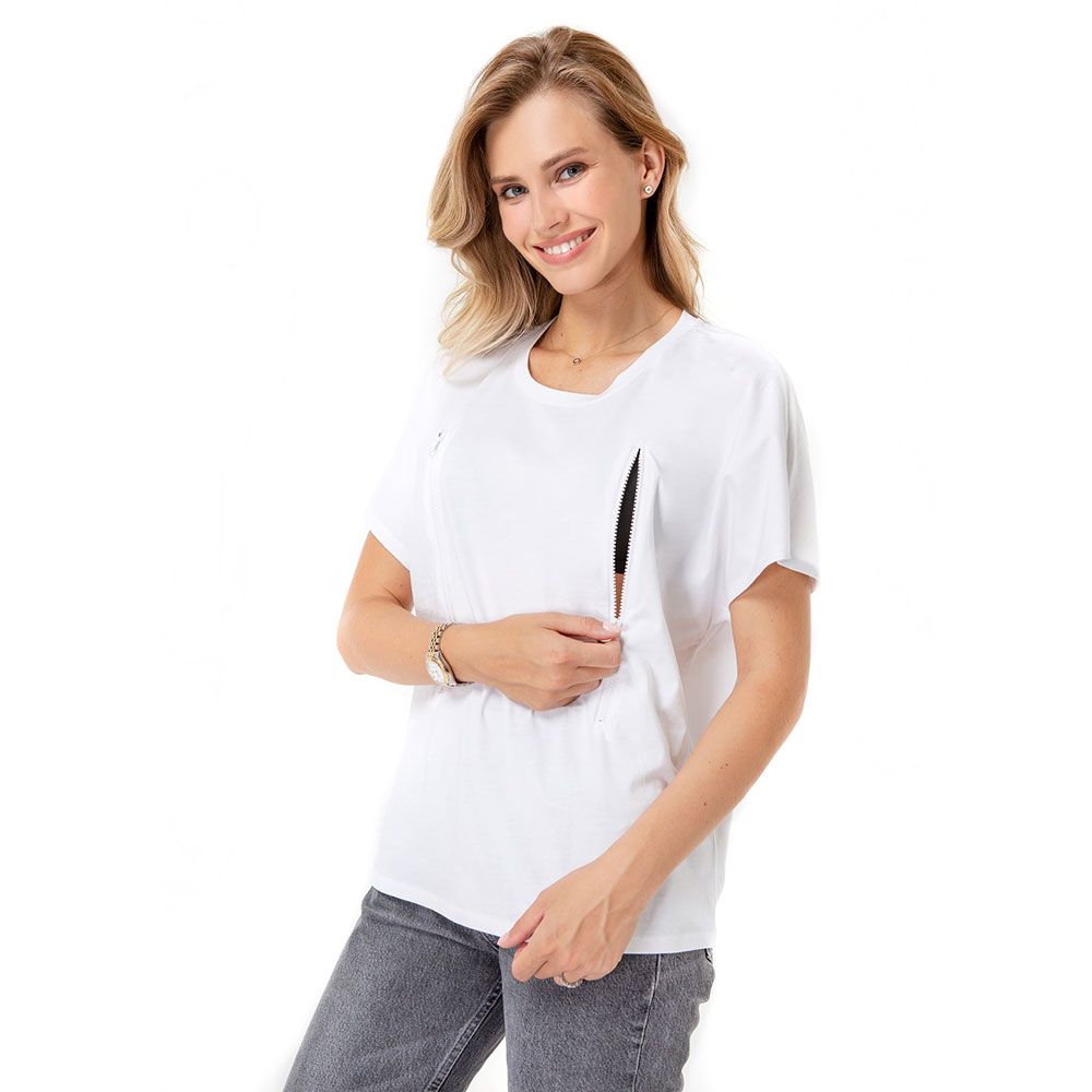 Accouchee - Zip Up Tshirt for Pregnancy/Nursing - White
