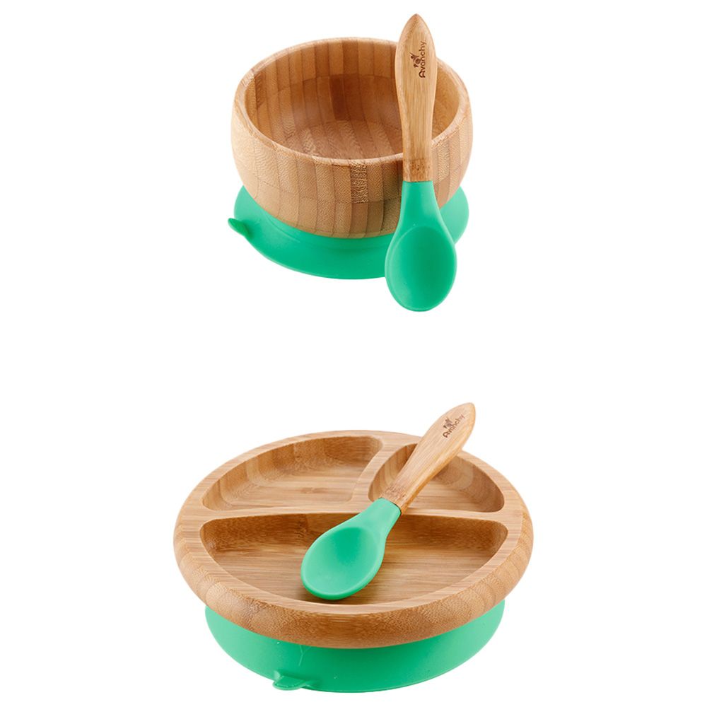 Avanchy Bamboo Baby Suction Bowl/Spoon Green