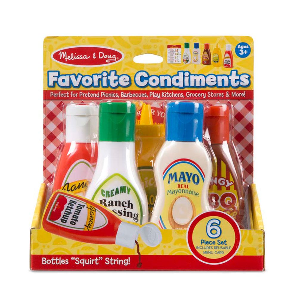 Melissa & Doug Condiments Set (6 pcs) - Play Food, Stainless Steel Caddy