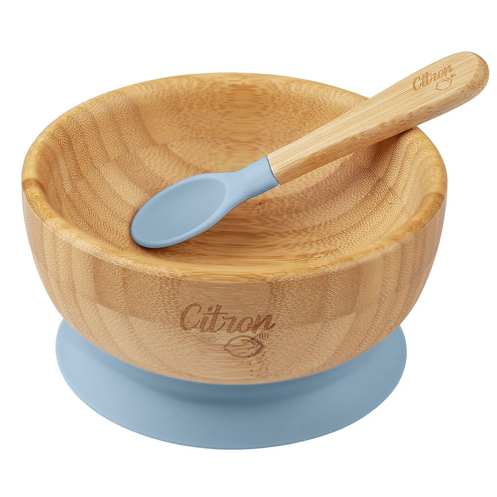 Avanchy - Bamboo Suction Baby Bowl + Spoon - Blue