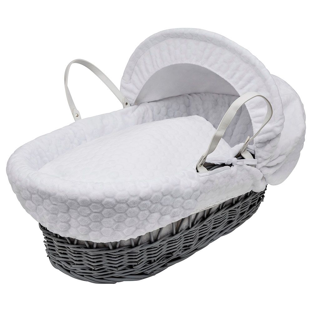 Grey and white moses basket store and stand