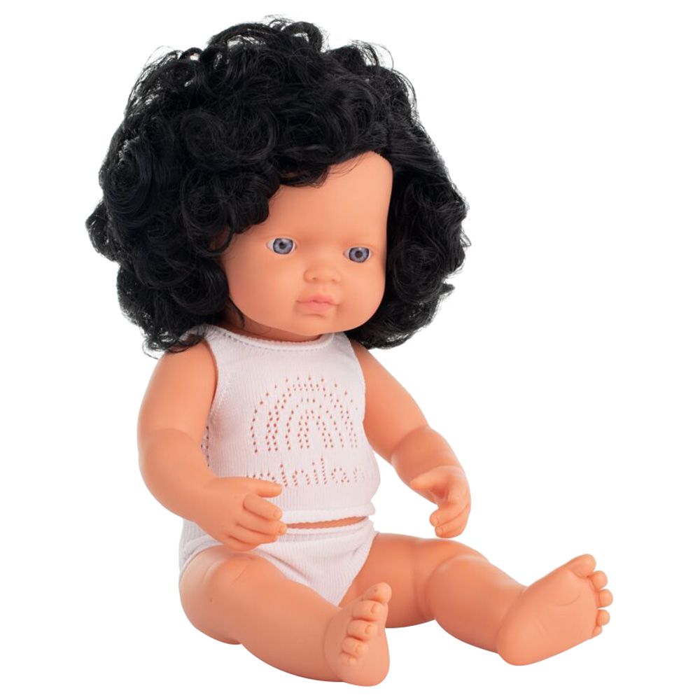 Miniland Baby - Caucasian Curly Black Hair Girl Doll - 38cm - White