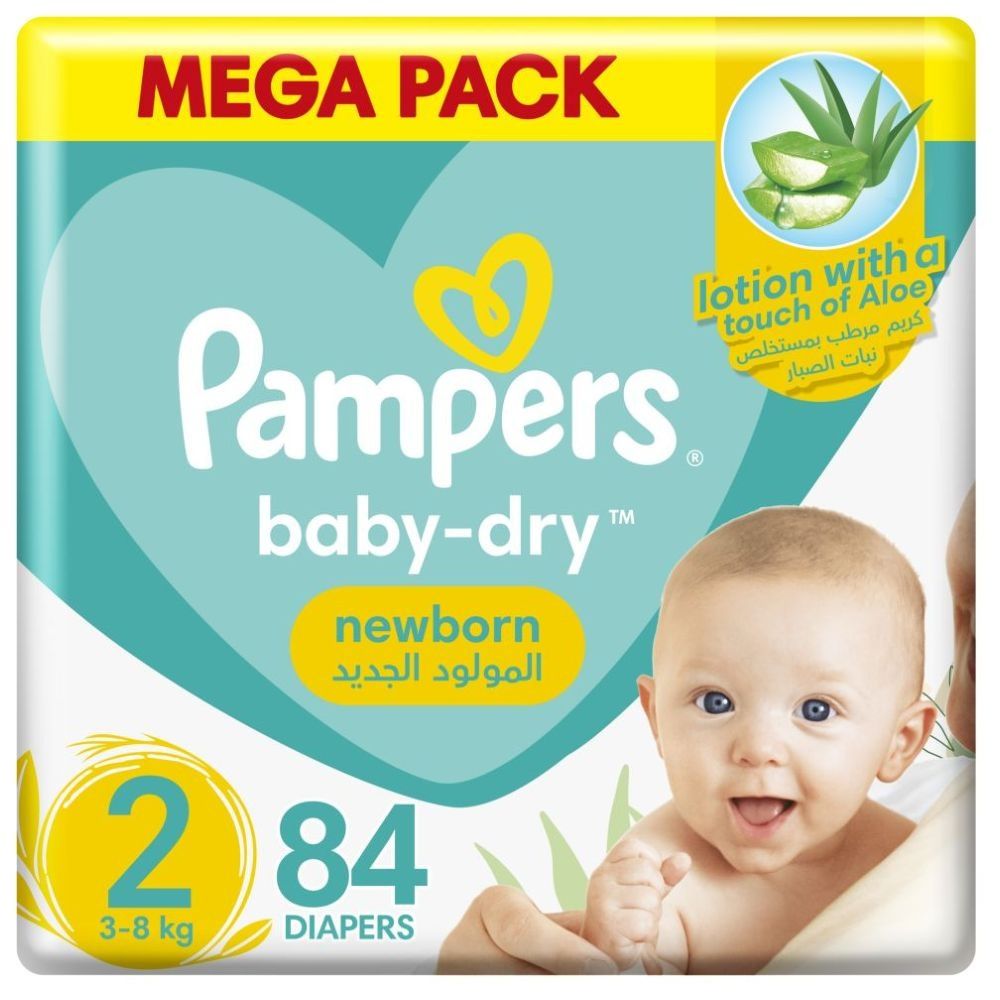 Pampers Baby-Dry Diapers,Size 2, Mini, 3-8kg, With Wetness Indicator, Up to  100% Leakage Protection Over 12 Hours and Bigger, Wider Sides for Comfort,  84 Baby Diapers