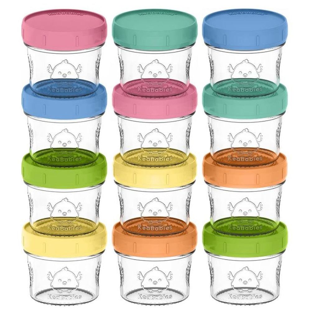 KeaBabies 12-Pack Glass Baby Food Containers - 4 oz Leak-Proof,  Microwavable Baby Food Storage Containers, Baby Food Freezer Tray, Puree  Glass Baby