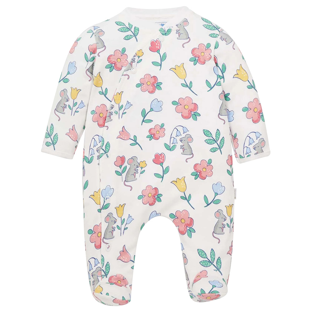 JoJo Maman Bebe Mouse Floral Print Sleepsuit White