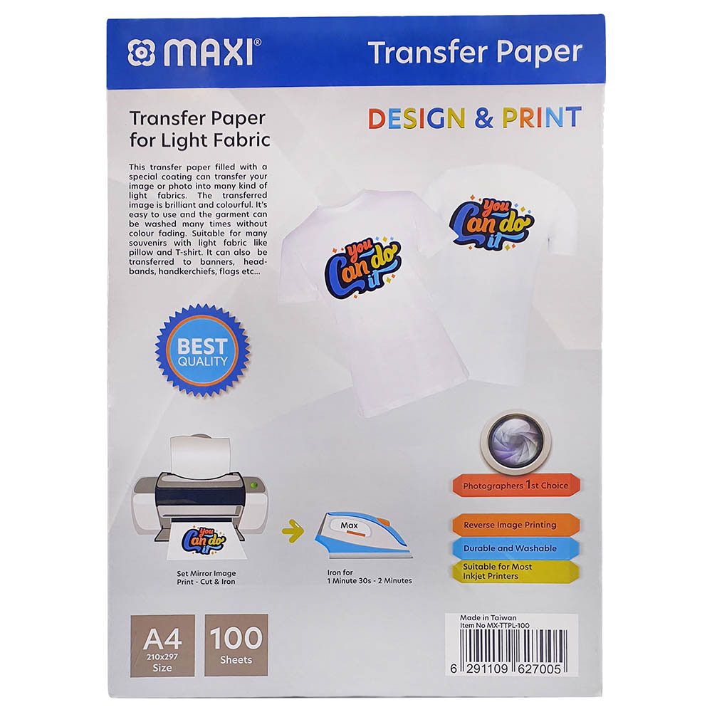 Maxi - T-shirt Transfer Paper 155 Gsm A4 100 Sheets - Light