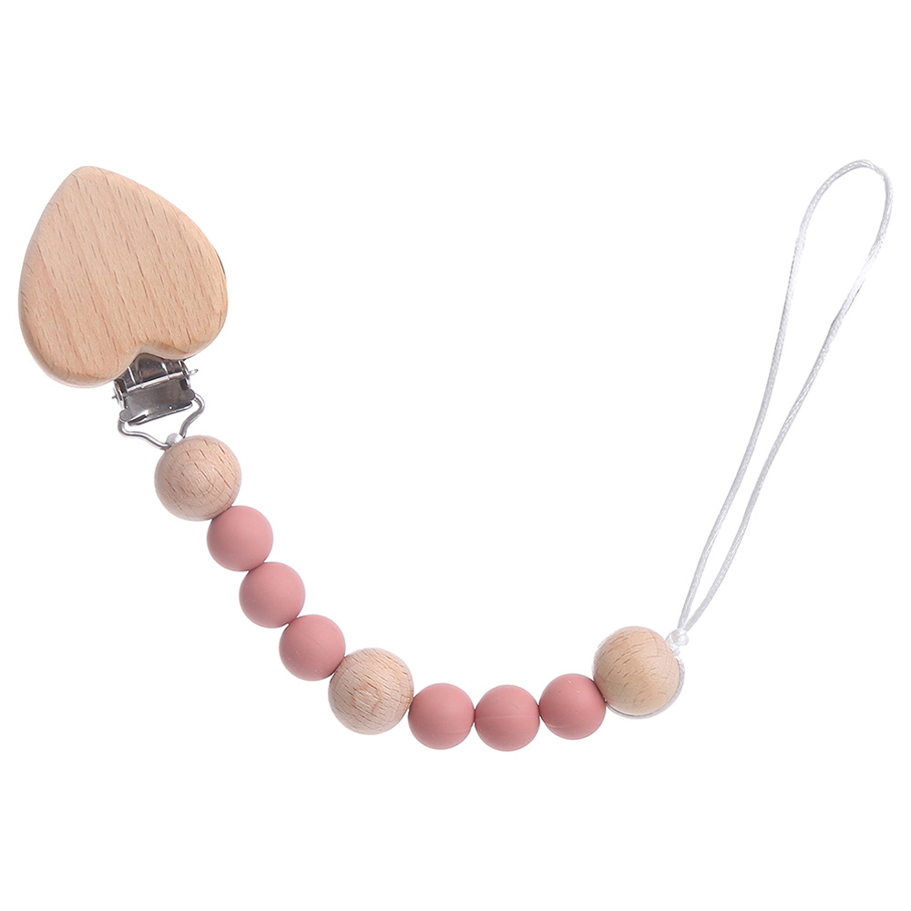 Factory Price - Heart Silicone & Wooden Pacifier Clip - Pink