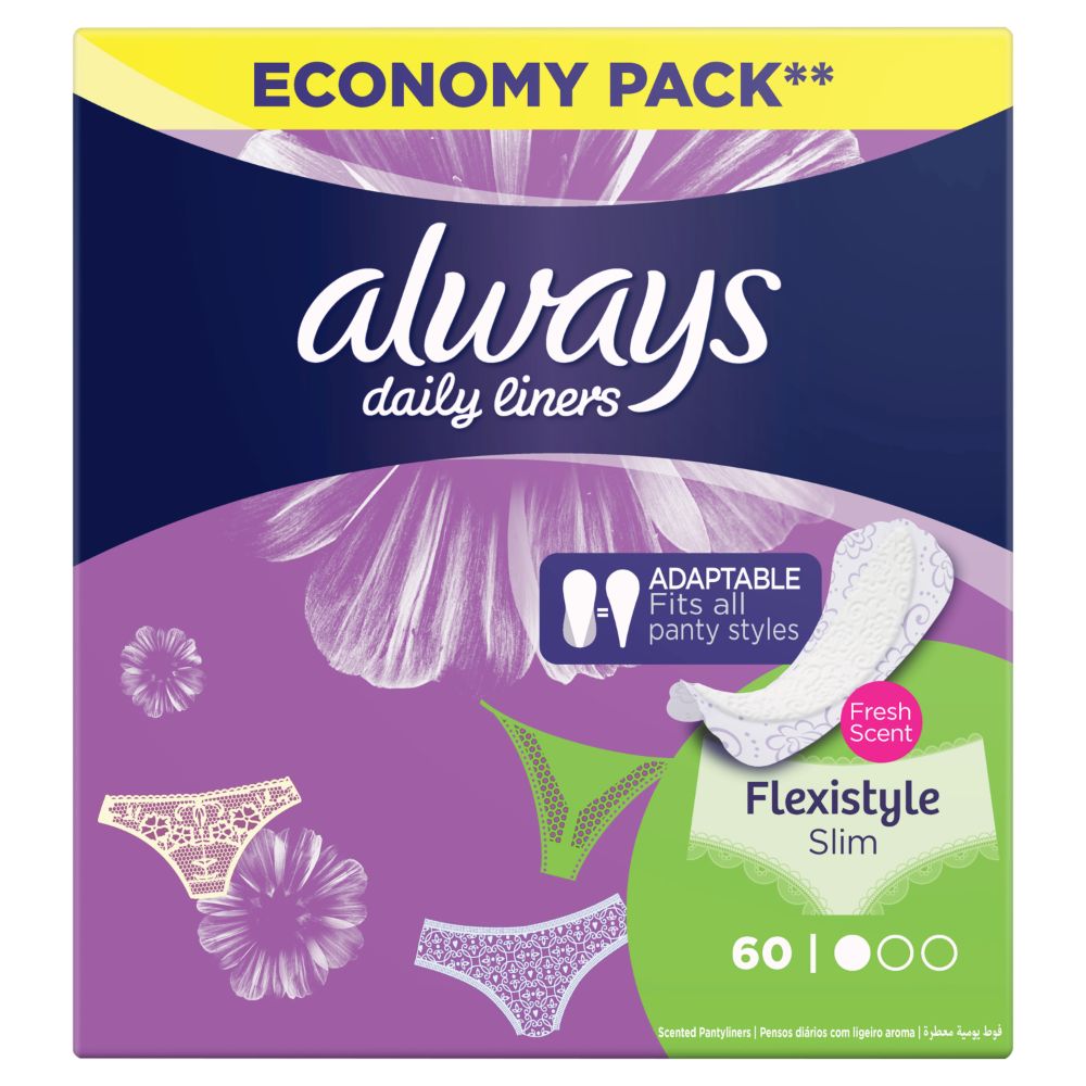 Always Daily Liners Flexistyle Slim Pantyliners With Fresh Scent, Normal,  60 Count
