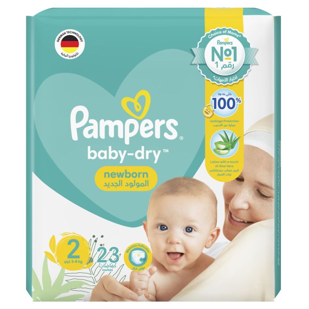 Pampers Baby-Dry Diapers,Size 2, Mini, 3-8kg, With Wetness Indicator, Up to  100% Leakage Protection Over 12 Hours and Bigger, Wider Sides for Comfort,  23 Baby Diapers