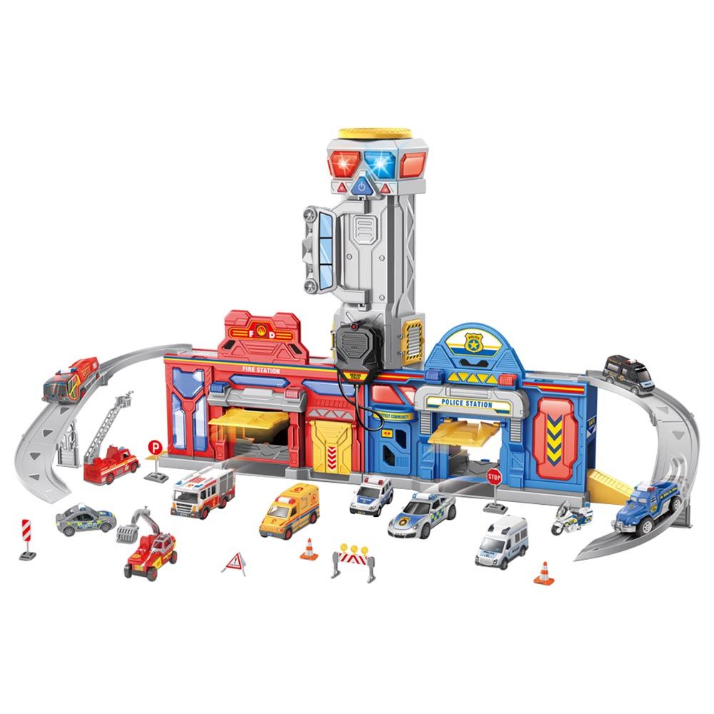 Stem - 2-In-1 Rescue Patrol Fire And Police Station Playset With 6 Racers