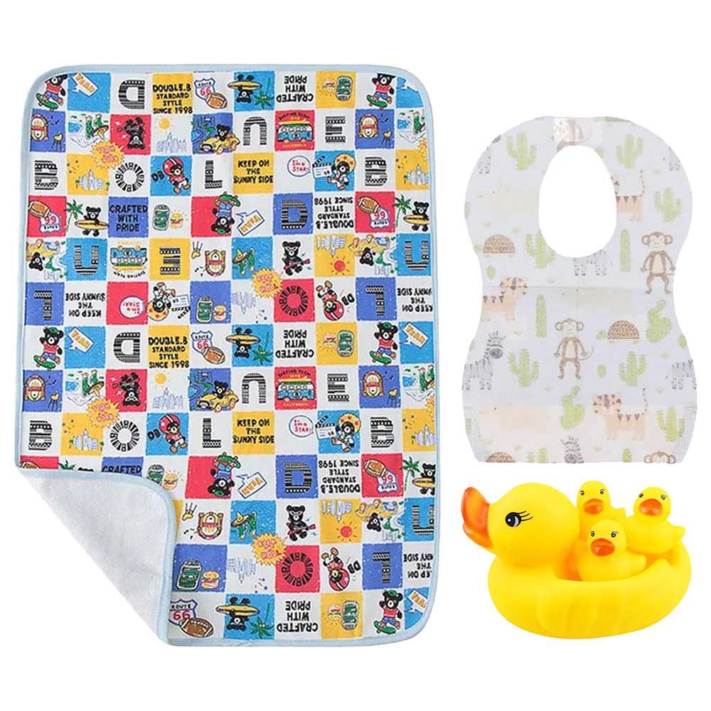 Star Babies - Reusable Changing Mat 3pcs With Rubber Duck Toy 4pcs & Bibs 10pcs - Printed Blue