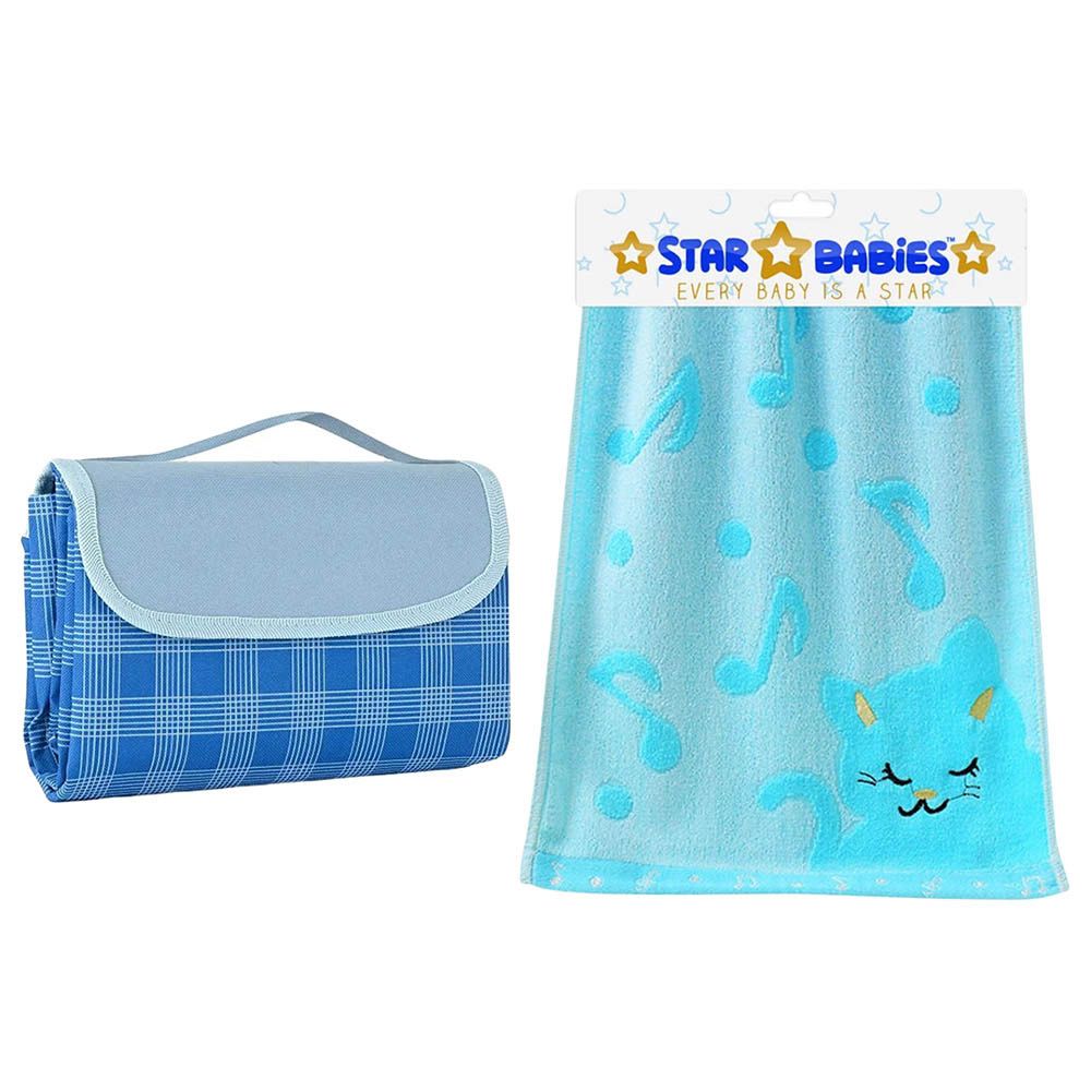 Star Babies - Waterproof Beach Mat - Blue With Bamboo Towel - Blue