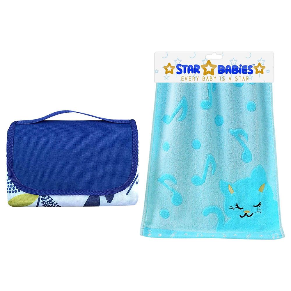 Star Babies - Waterproof Beach Mat - Dark Blue With Bamboo Towel - Blue