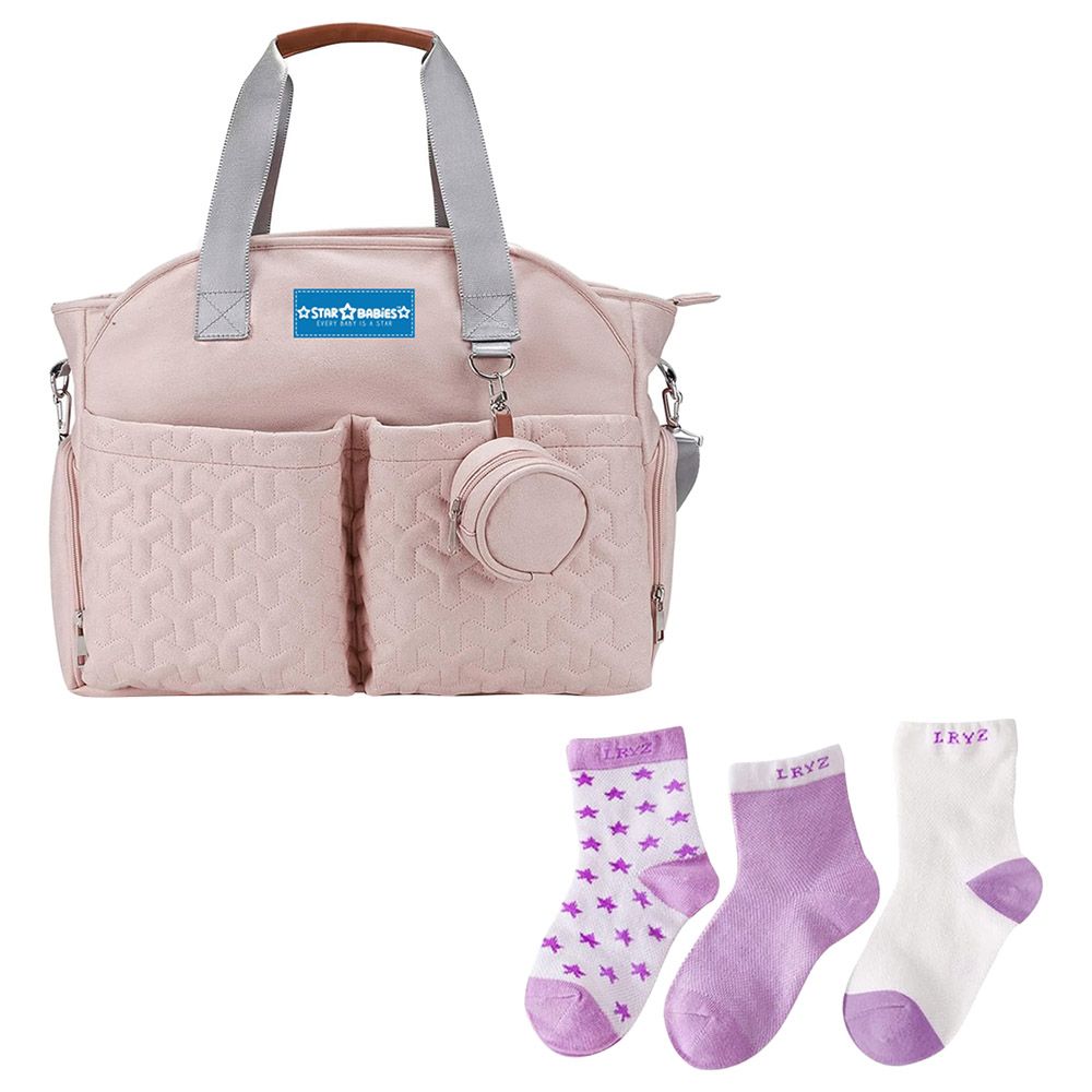 Star Babies - Diaper Portable Bag With Kids Socks Printed 3Pair - Pink