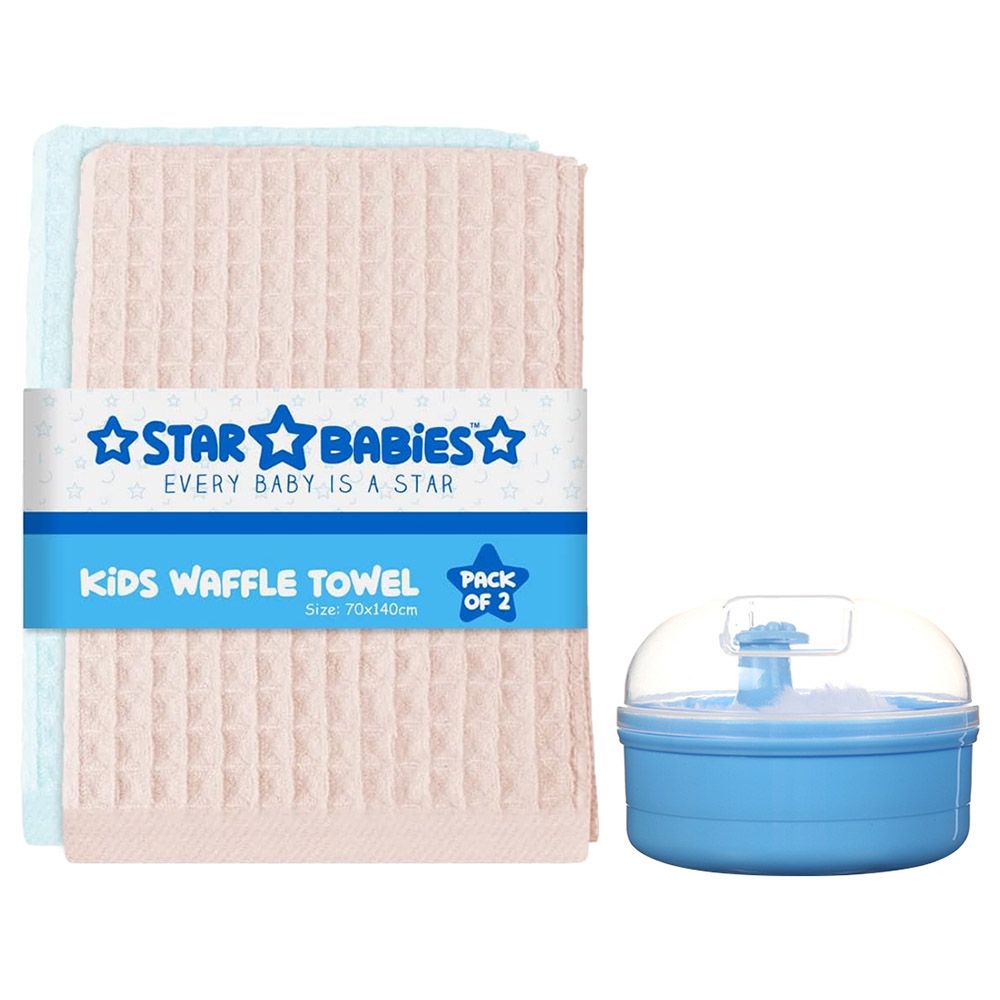 Star Babies - Waffle Towel - 70 x 140cm With Kids Powder Puff - Blue