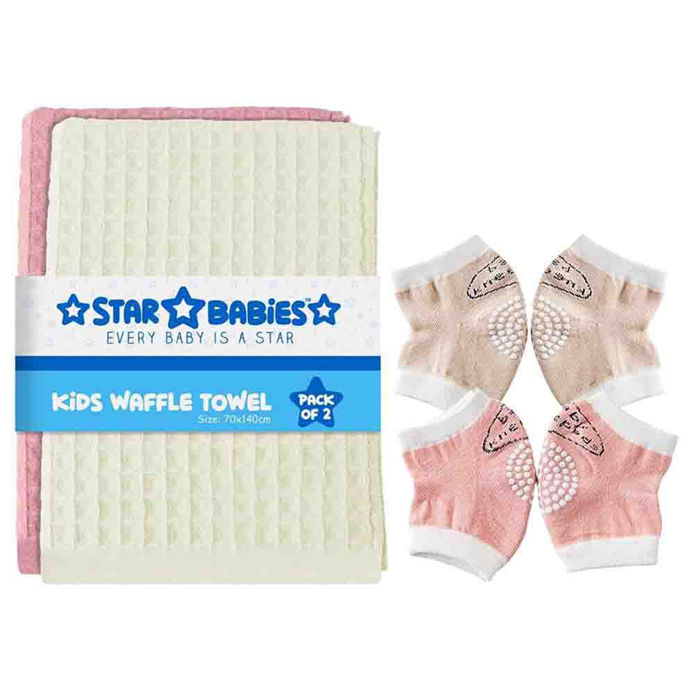 Star Babies - Waffle Towel - 2pcs Yellow/Pink With Baby Knee Pad 2pcs