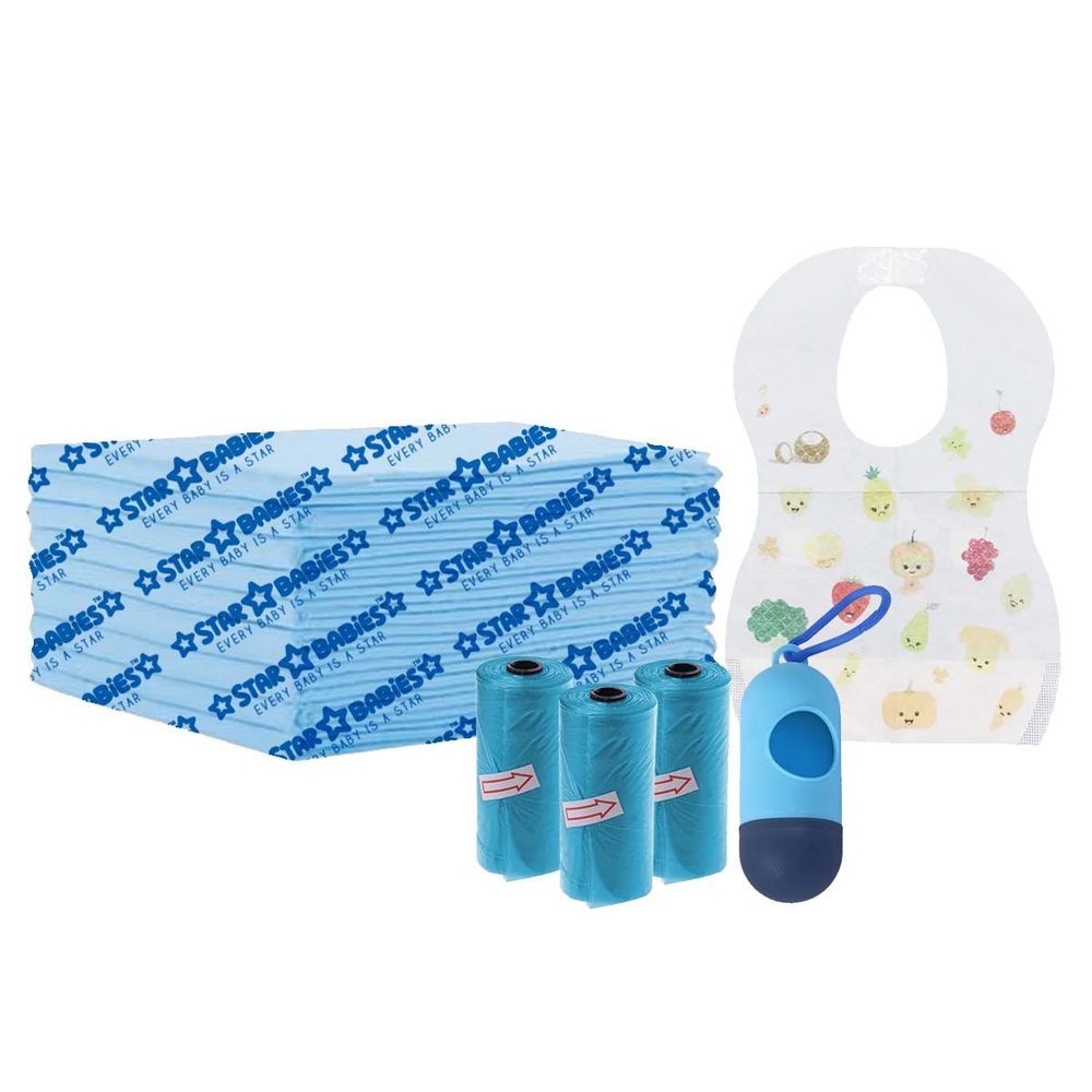 Star Babies - Changing Mat 10pcs Scented Bag w/ Dispenser 45pcs & Bibs 10pcs - Blue