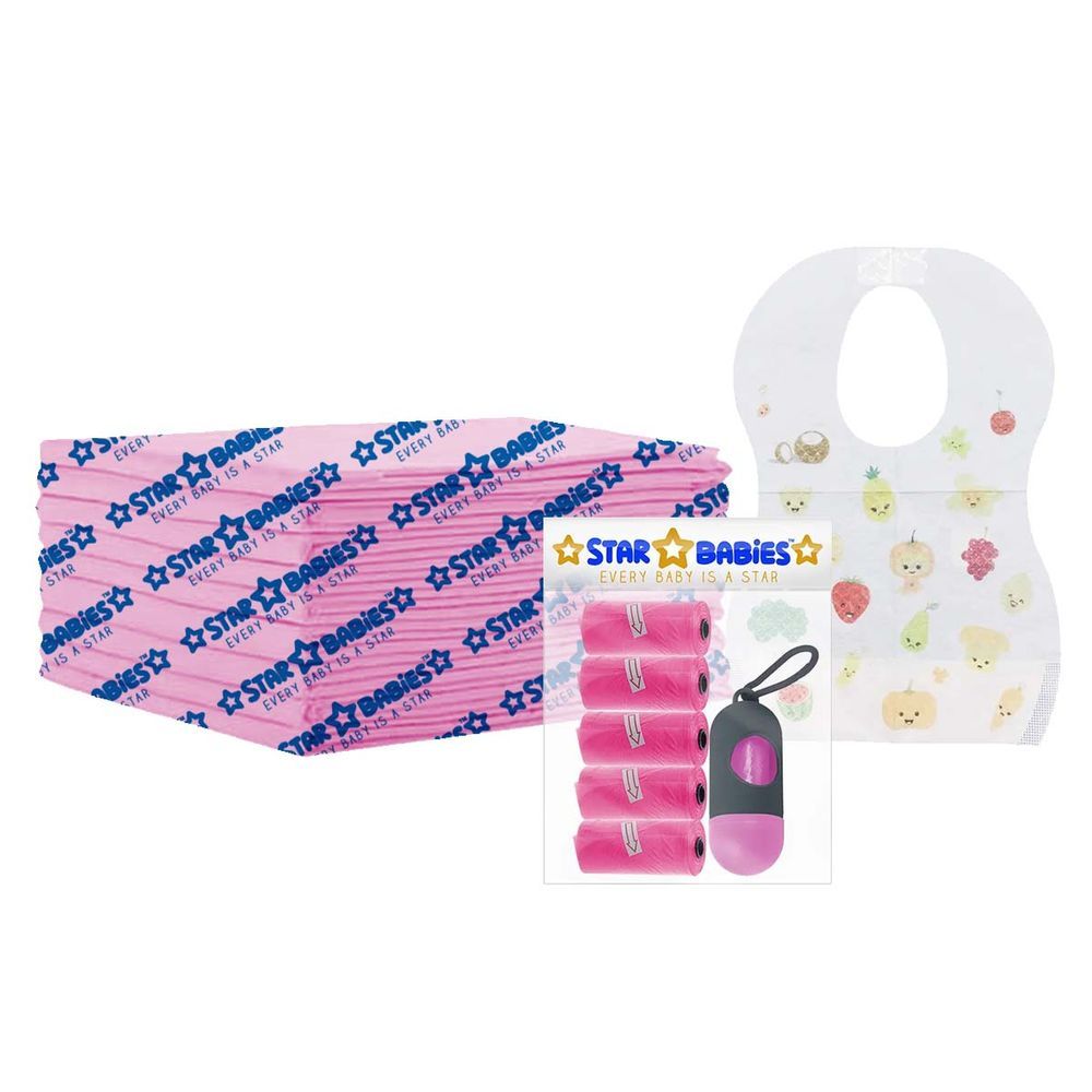 Star Babies - Changing Mat 15pcs Scented Bag w/ Dispenser 75pcs & Bibs 15pcs - Pink