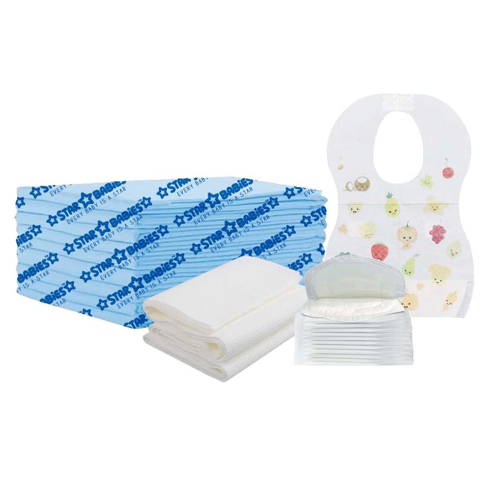 Star Babies - Disposable Changing Mat 10pcs, Bibs 10pcs, Breast Pad 10pcs, Disposable Towel 3pcs - Blue