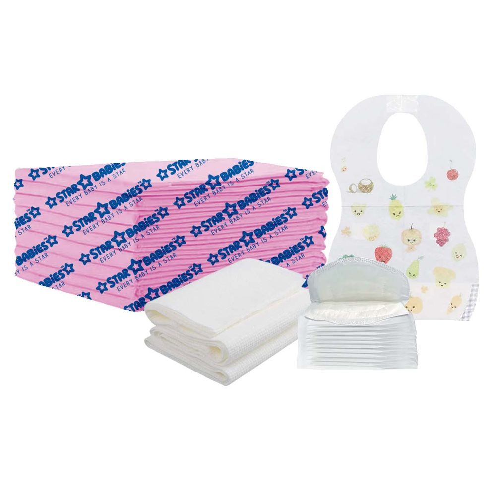 Star Babies - Disposable Changing Mat 15pcs, Bibs 15pcs, Breast Pad 15pcs, Disposable Towel 3pcs - Pink