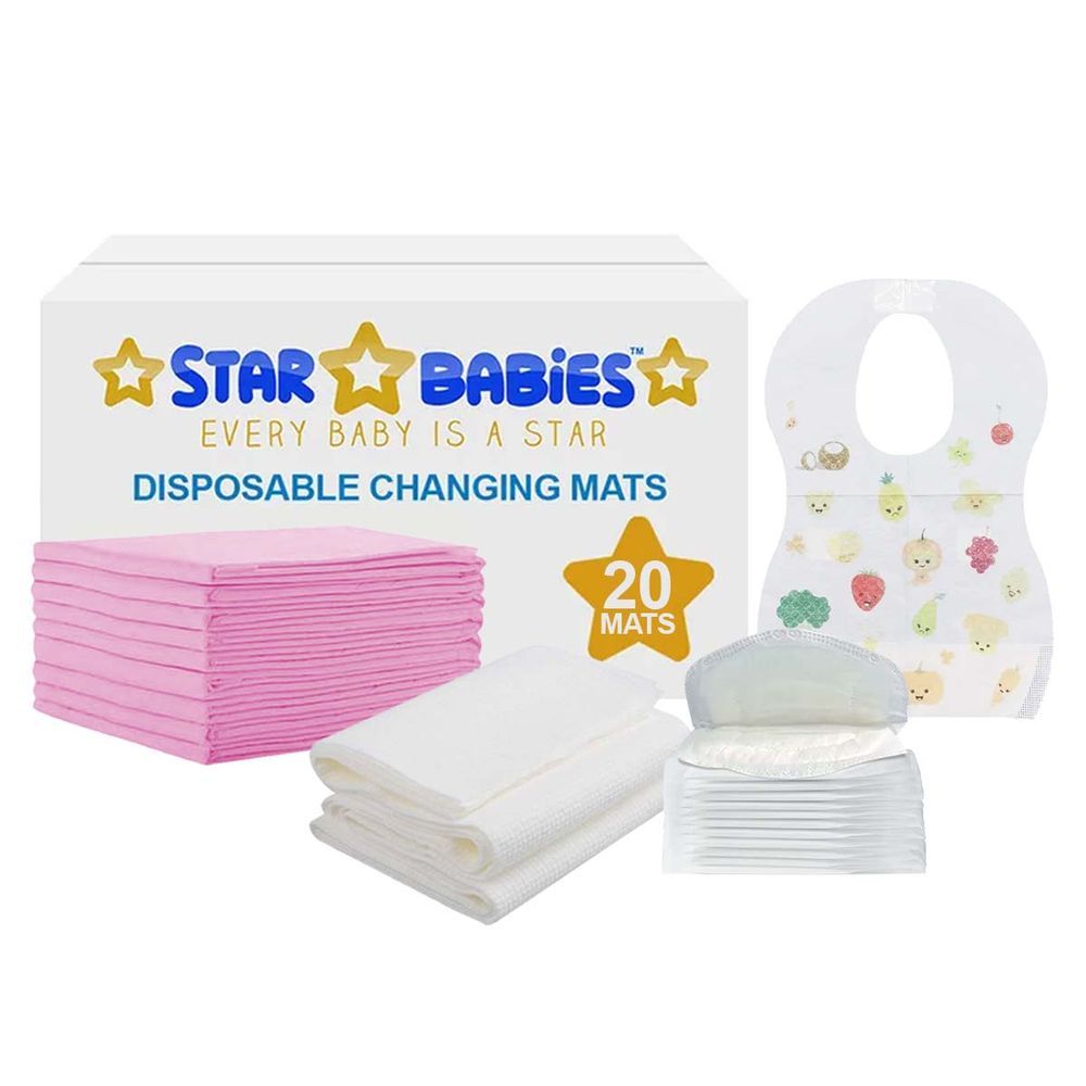 Star Babies - Disposable Changing Mat 20pcs, Bibs 20pcs, Breast Pad 20pcs, Disposable Towel 3pcs - Pink