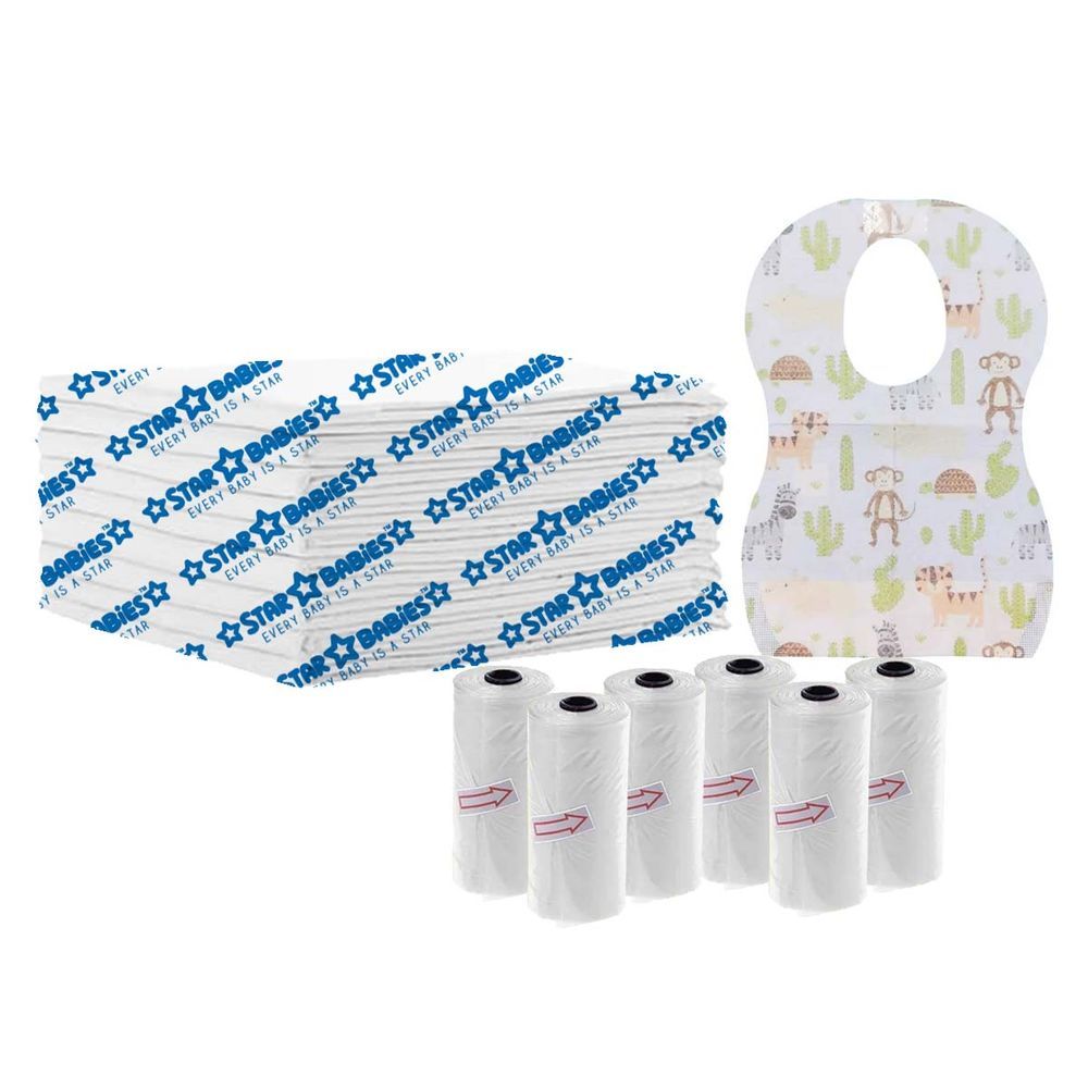 Star Babies - Disposable Changing Mat 5pcs, Scented Bag 6pcs 90pcs w/ Disposable Bibs 10pcs - White