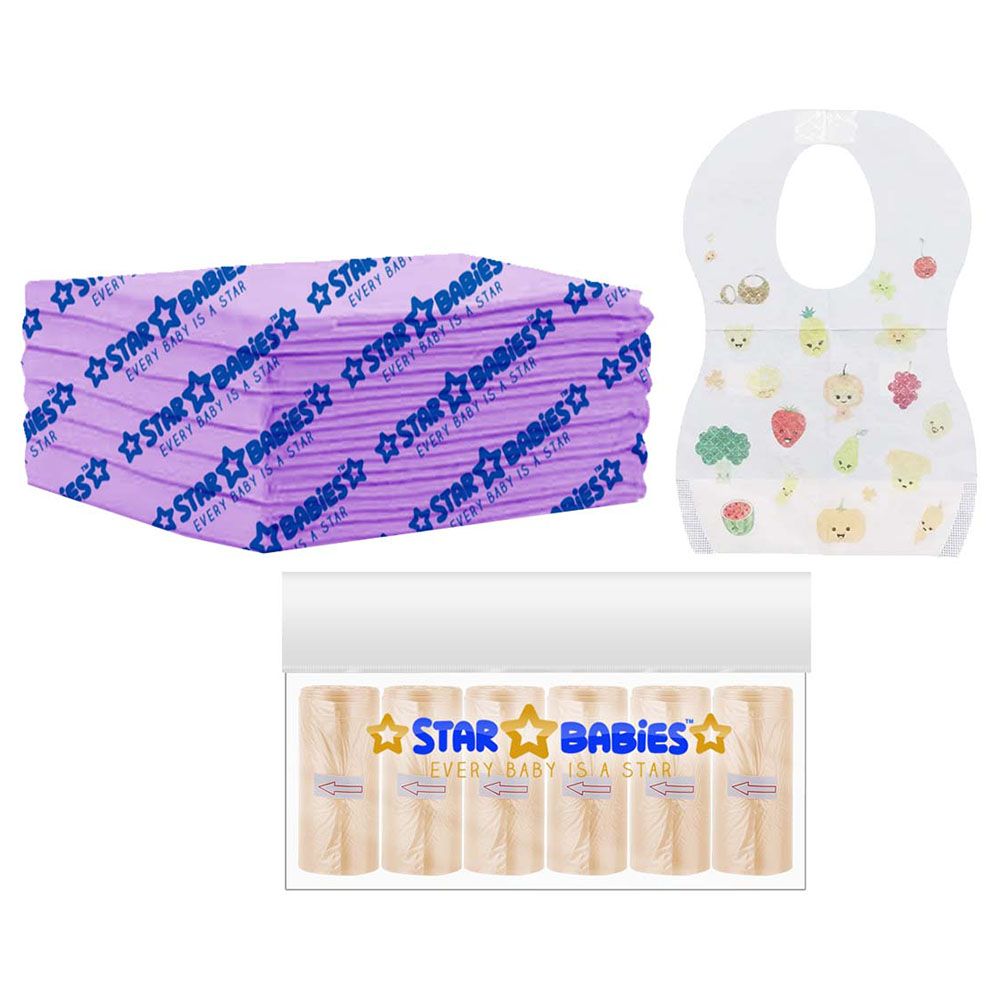 Star Babies - Disposable Changing Mat 6pcs & Scented Bag 6pcs W/ Disposable Bibs 6pcs - Lavender