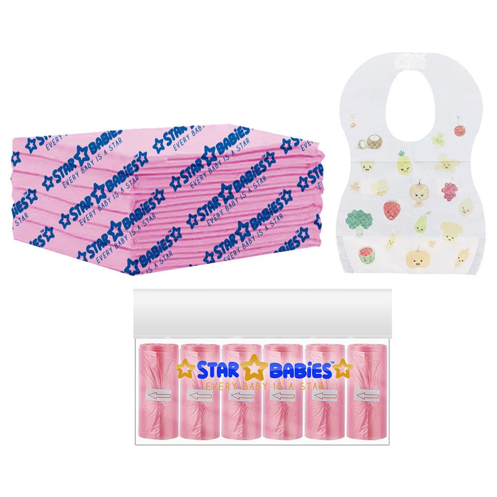 Star Babies - Disposable Changing Mat 6pcs & Scented Bag 6pcs W/ Disposable Bibs 6pcs - Pink