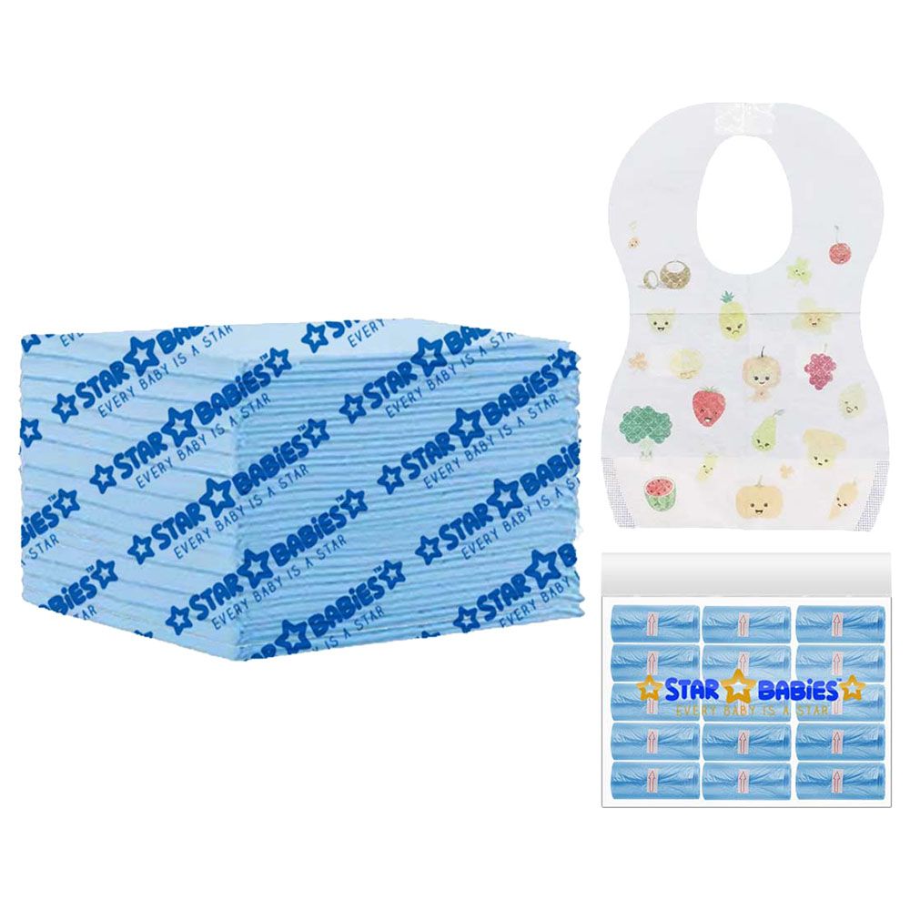 Star Babies - Disposable Changing Mat 15pcs & Scented Bag 15pcs W/ Disposable Bibs 15pcs - Blue