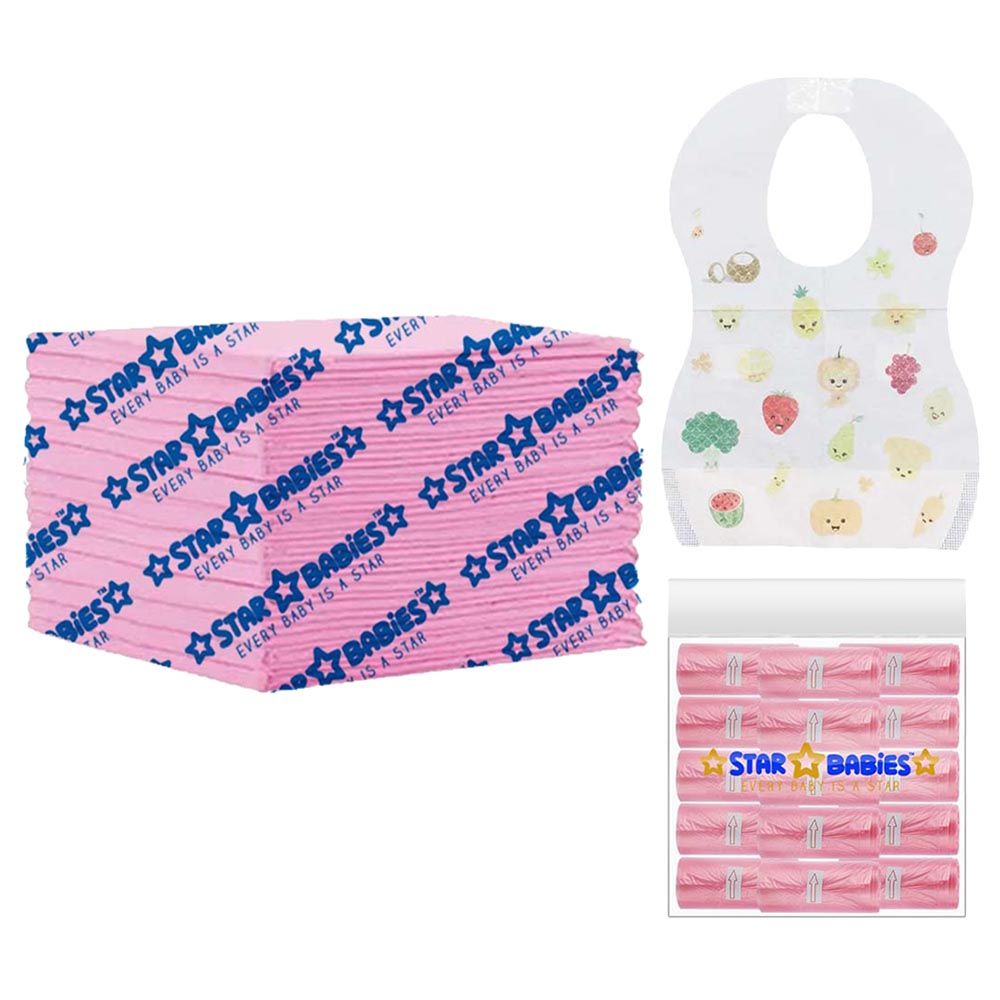 Star Babies - Disposable Changing Mat 15pcs & Scented Bag 15pcs W/ Disposable Bibs 15pcs - Pink