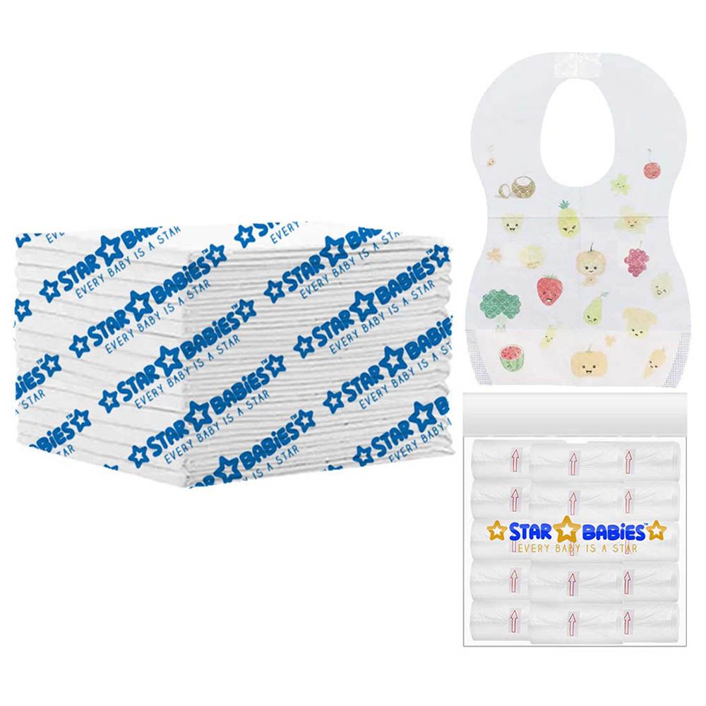 Star Babies - Disposable Changing Mat 15pcs & Scented Bag 15pcs W/ Disposable Bibs 15pcs - White