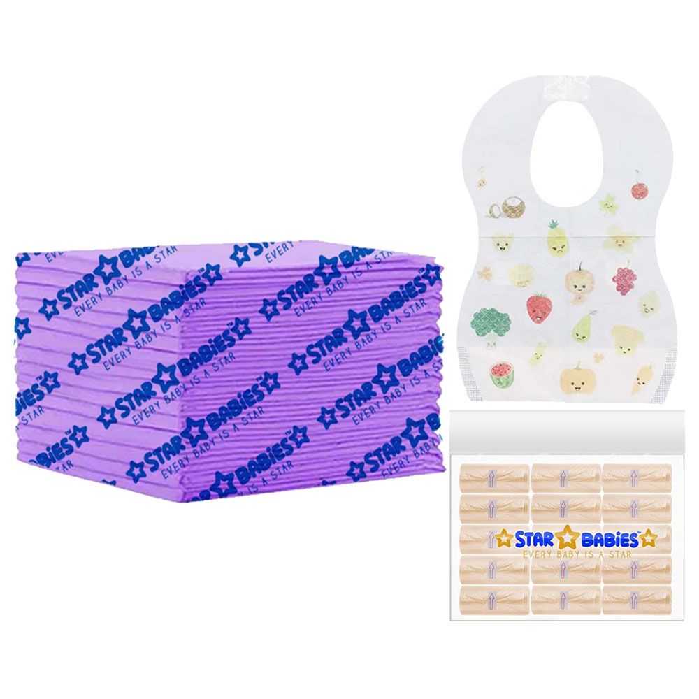 Star Babies - Disposable Changing Mat 15pcs & Scented Bag 15pcs W/ Disposable Bibs 15pcs - Lavender