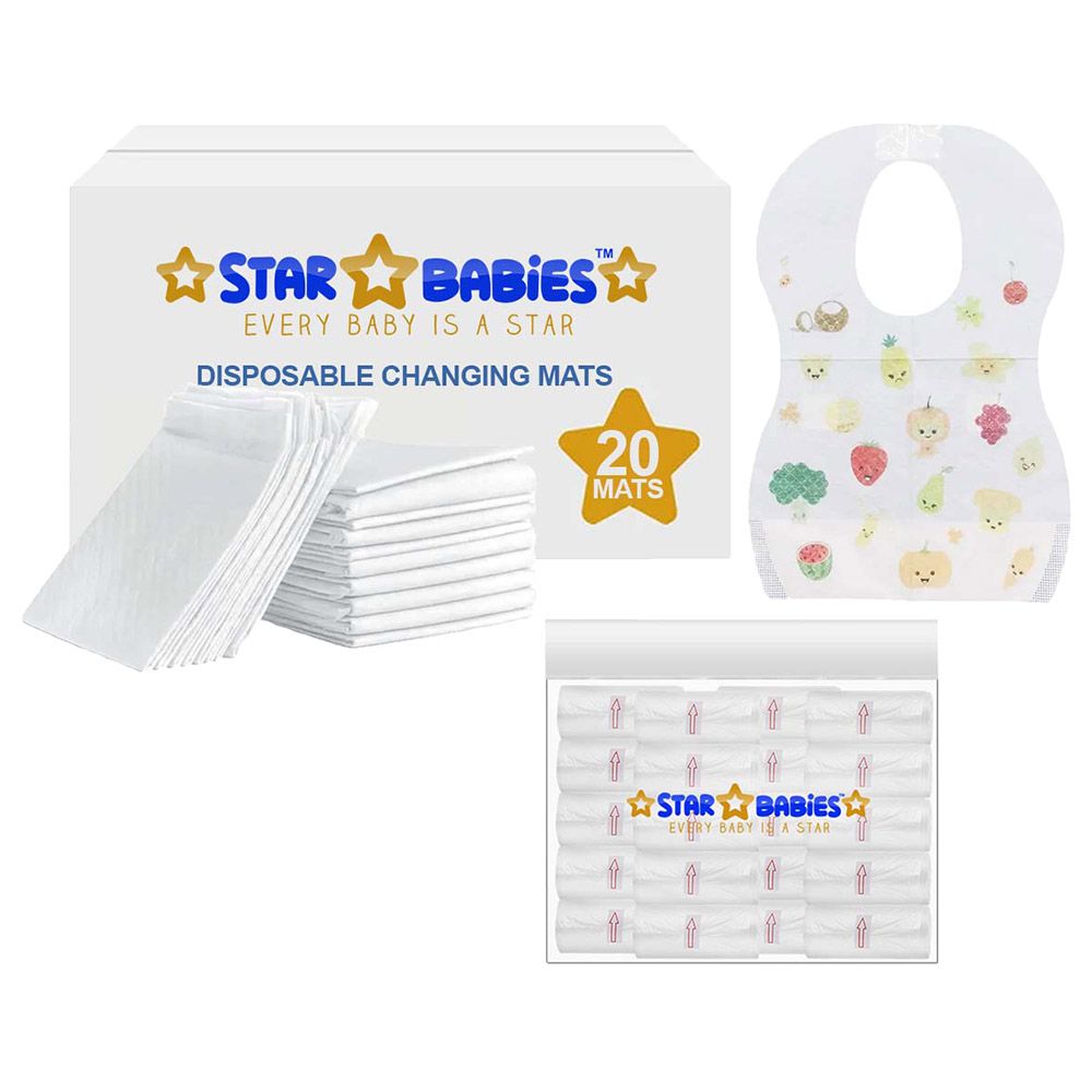 Star Babies - Disposable Changing Mat 20pcs & Scented Bag 20pcs W/ Disposable Bibs 20pcs - White