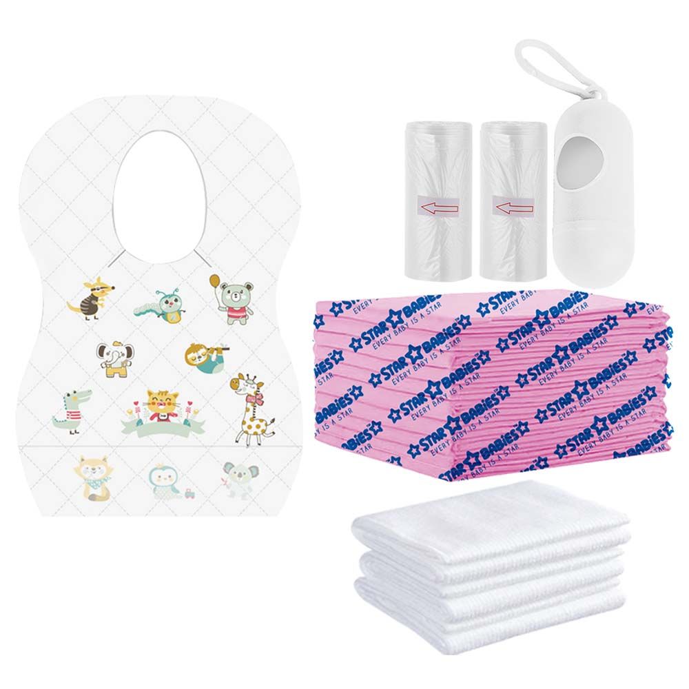 Star Babies - Disposable Bibs Animal Print 5pcs, Disposable Towel 3pcs, Scented Bag 2pcs & Dispenser, Changing Mat 10pcs - White