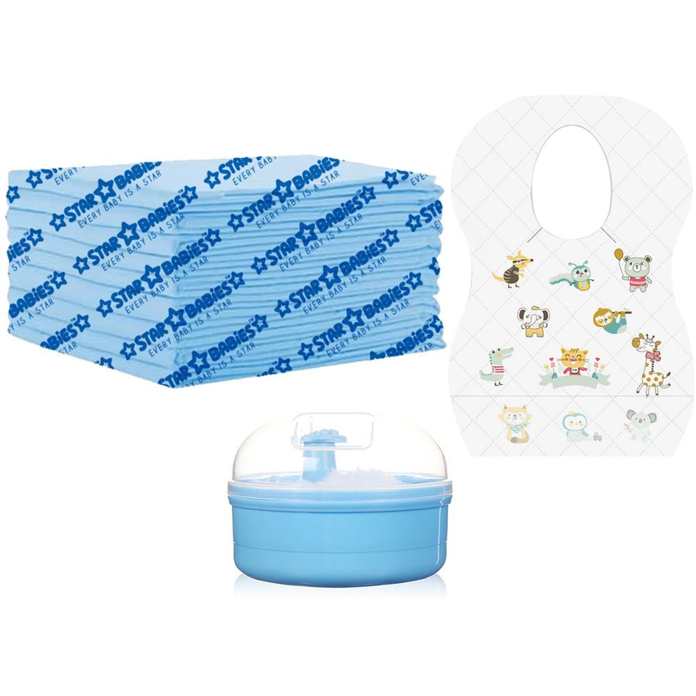 Star Babies - Powder Puff & Disposable Bibs 10pcs w/ Disposable Changing Mat 10pcs - Blue