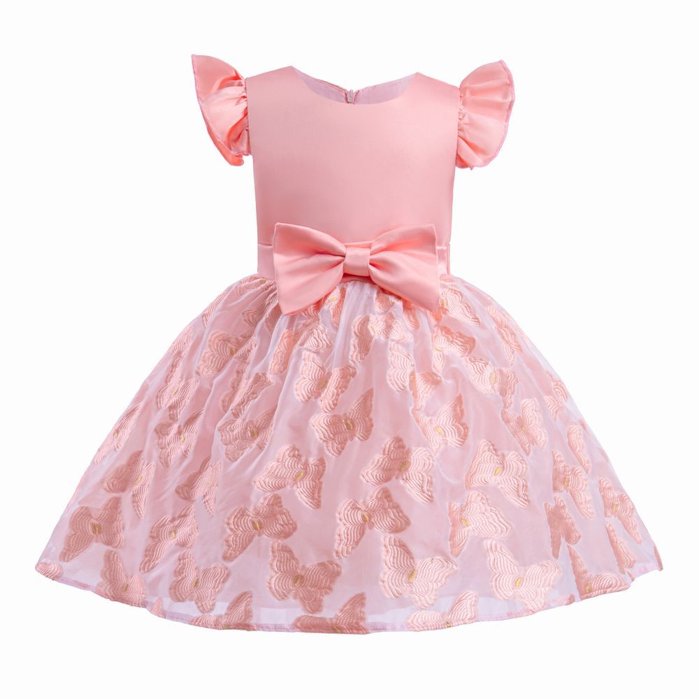 Sugar Rush - Appliqued Round Neck Cap Sleeves Party Dress - Pink